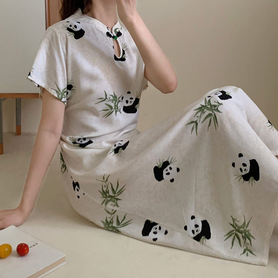 Spring New Chinese-style Cotton Silk Short-sleeved Buckle Nightgown National Style Floral Cheongsam High-end Goddess Style Tight Waist dress