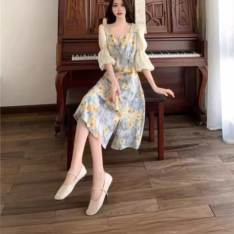 Платье женское лето 2023 Новое поступление красивое элегантное платье богини с цветочным принтом модное платье в западном стиле Chanel Style Pure Desire