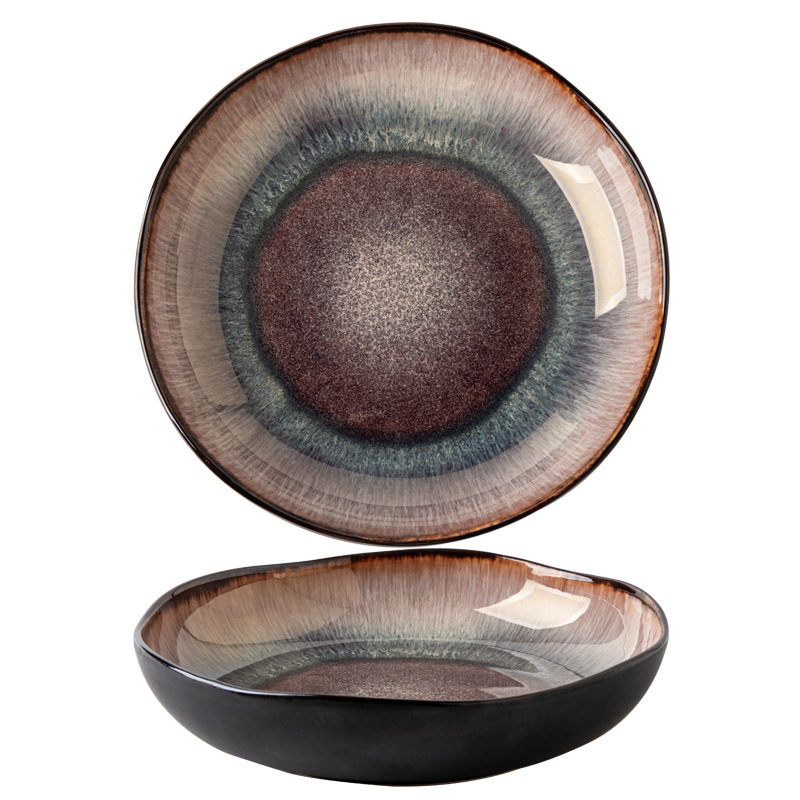 Yunmeng 9 pulgadas irregulares profundos retro lujo ligero platos de ensalada caseros platos de cerámica exportación transfronteriza
