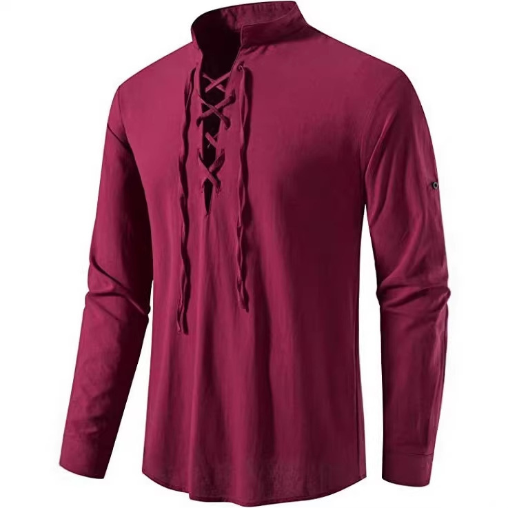 2025 New Amazon Men's Cotton and Linen Henley Shirt Hippie Casual Beach Stand-Up Collar Long-Sleeved Shirt A275