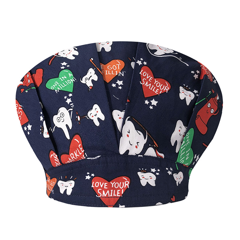 Sombrero de enfermera mujer chef cocinando cocina a prueba de aceite a prueba de humo pérdida de cabello sombrero esponjoso sombrero impreso puntera sombrero de trabajo ajuste elástico