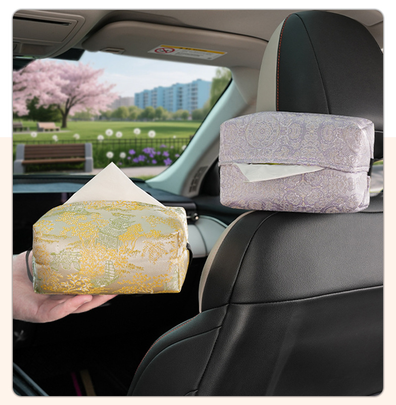 Manufacturer-customized car tissue box, new Chinese-style car seat back-mounted tissue bag, multifunctional car tissue dispenser