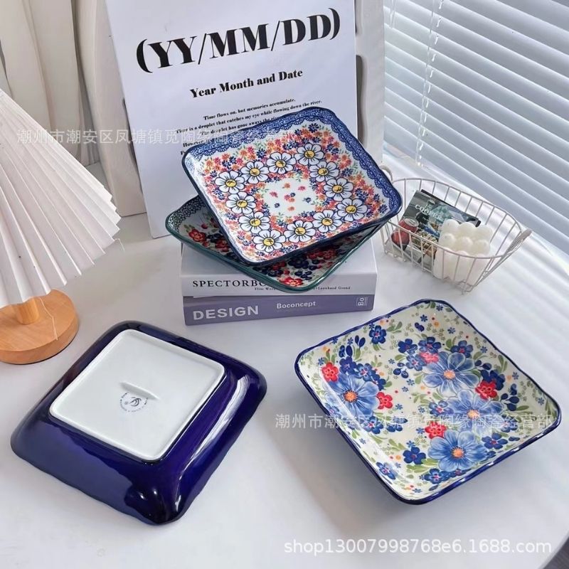 Foreign Trade Export Tableware, Polish Underglaze Ceramic Square Dish, High-End Light Luxury Tray