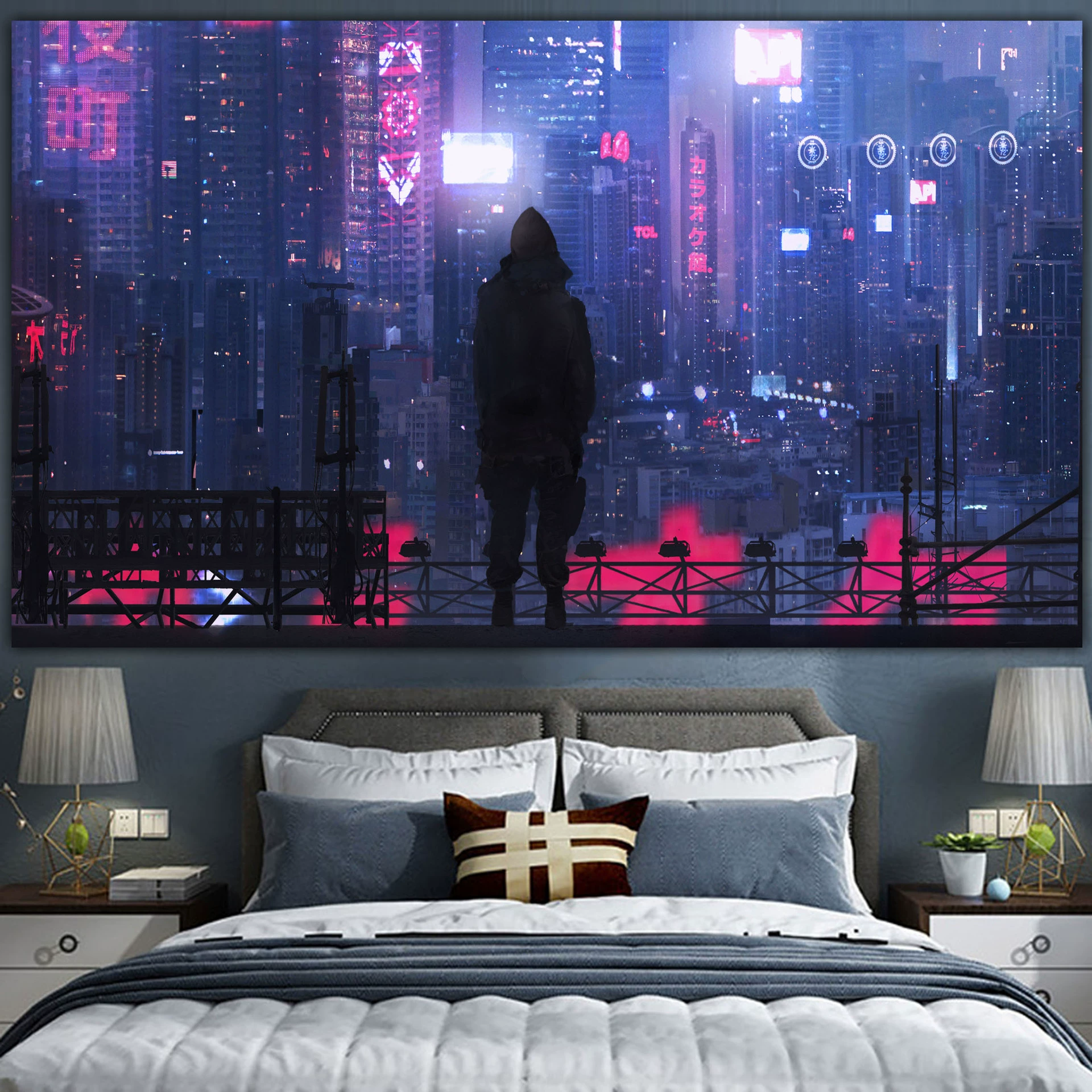 Постер cyberpunk неоновый город, размеры 38×65 см, 85×155 см, 110×200 см
