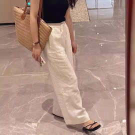白色棉麻休闲阔腿裤女夏季薄款宽松高腰亚麻直筒裤小个子拖地裤子