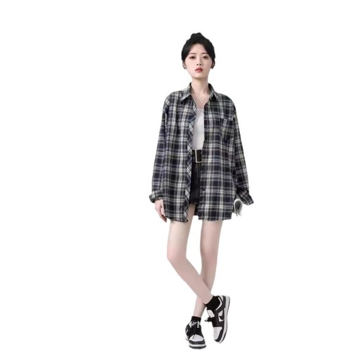 Languid Vintage Plaid Blouse for Women Autumn Korean Style Loose Long Sleeve Top Cardigan Outerwear