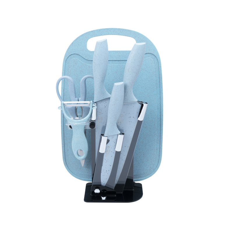 Fabricante de paja de trigo de color con cuchillo base 6 piezas de cuchillo de acero inoxidable cuchillo de cocina doméstico conjunto de regalo