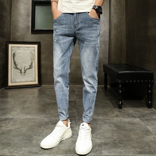 Men's Summer Jeans Trendy Slim Straight Leg Korean Style Casual 9-inch Elastic Pants