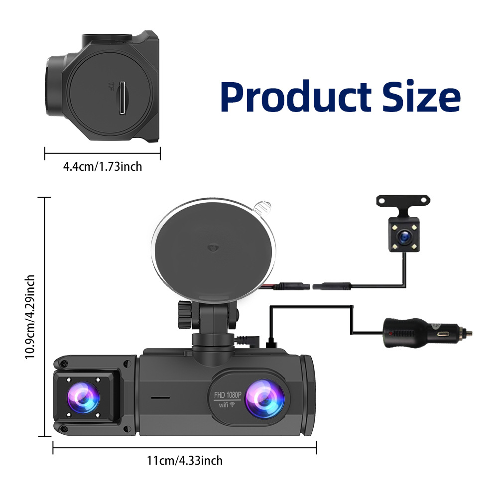 Cross-Border Hot-Selling Model: 3-Camera Simultaneous Display Dashcam with High-Definition Wifi and Mobile Phone Connectivity, Parking Monitoring Recorder