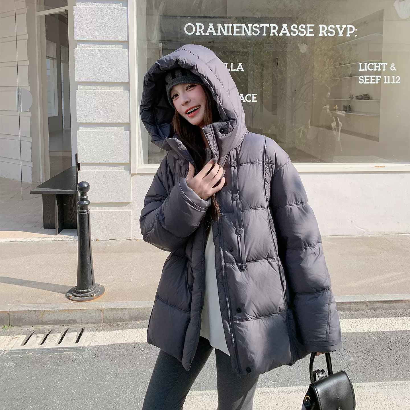 冬季新款时尚加厚泡芙羽绒服女中长款包屁股白鸭绒面包服连帽外套