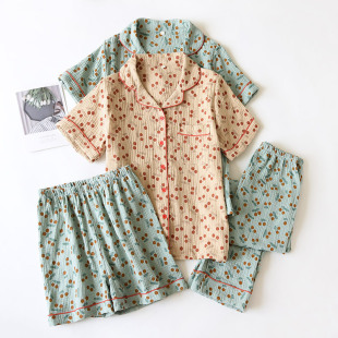 2022 Spring and Autumn new pajamas women's Cherry three-piece suit summer loose plus size cardigan home suit can be worn outside