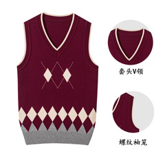 Star Forest Collared Knit Shirt, Chestnut Red, Youth Spring Autumn 100% Cotton Knit Sweater, British Style Middle and Primary School Uniform