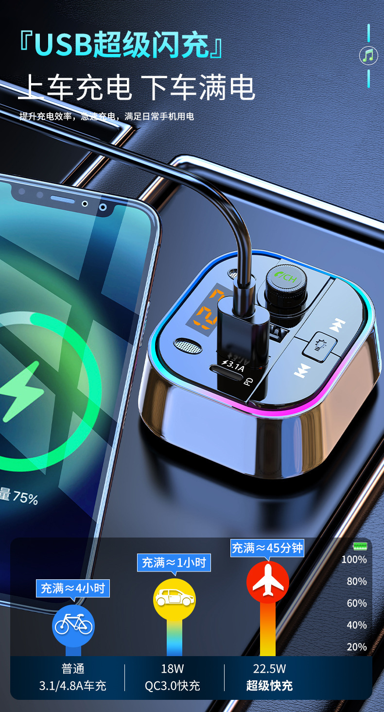Suitable for Multifunctional Ambient Light Car Bluetooth Charger Super Fast Charging In-Car Apple Car Cigarette Lighter Adapter
