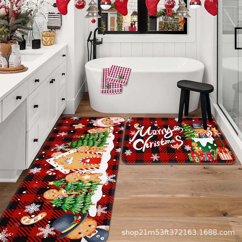 Cross-Border Temu Christmas Atmosphere Kitchen Absorbent Non-Slip Floor Mat Holiday Decoration Kitchen Two-Piece Mat Set