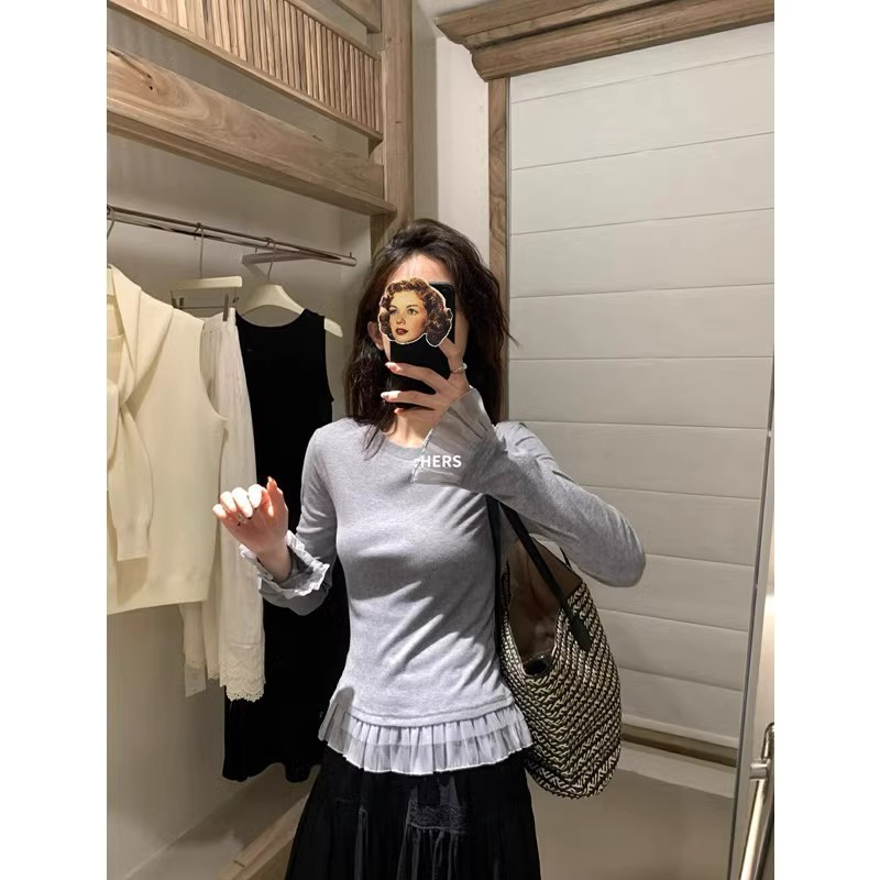 韓国系レトロ春秋新作シンプル気質波辺ステッチデザイン感長袖tシャツ女性ボトムシャツ上着|undefined