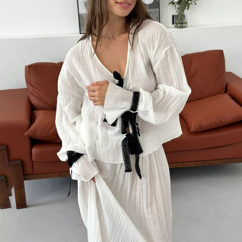欧美秋冬新款白色V领天丝睡衣长袖长裙两件套女式家居服2025跨境|undefined