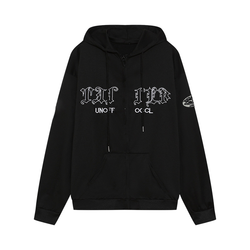 Abbigliamento da donna giacca cardigan in felpa casual allentata con tasca con cappuccio ricamata con lettera retrò_voghion.com