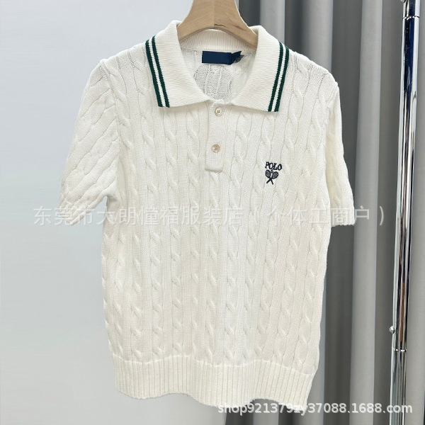 Summer 2025 New Ralph Polo Lapel Twists Short-sleeved Tennis Style Solid Color Cotton T-Shirt Top Knitted Shirt for Women