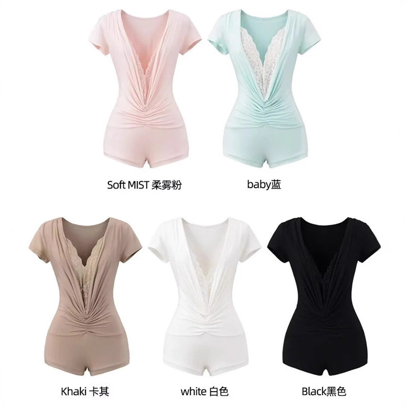 Pure Desire Deep V-Neck Lace Patchwork Short Sleeve Jumpsuit for Women, Summer Ruched Waist Slimming Sexy Hot Girl T-Shirt Base Layer