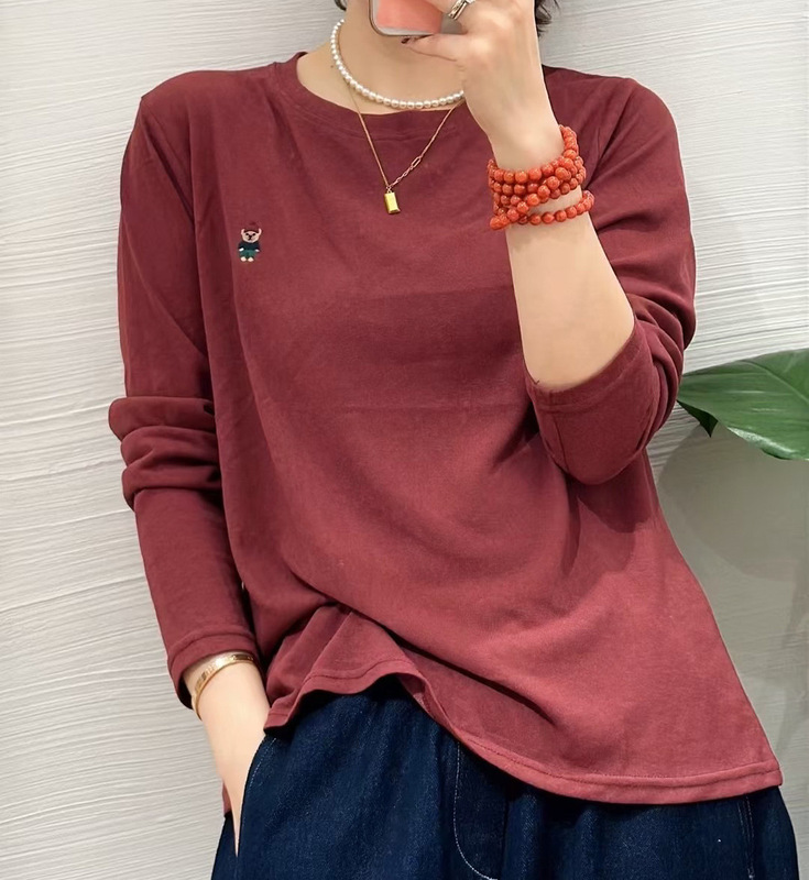 欧货2025秋季新款圆领休闲刺绣长袖T恤女宽松显瘦打底衫上衣女|undefined