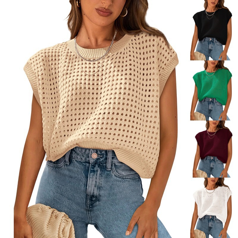 Women's Spring Top 2025 Summer Shirt Crochet Cap Sleeve Sweater Pullover Cute Round Neck Beach Blouse