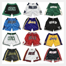 美式跨境球衣裤特人湖人热火雄鹿密锈棉布篮球服运动休闲口袋短裤