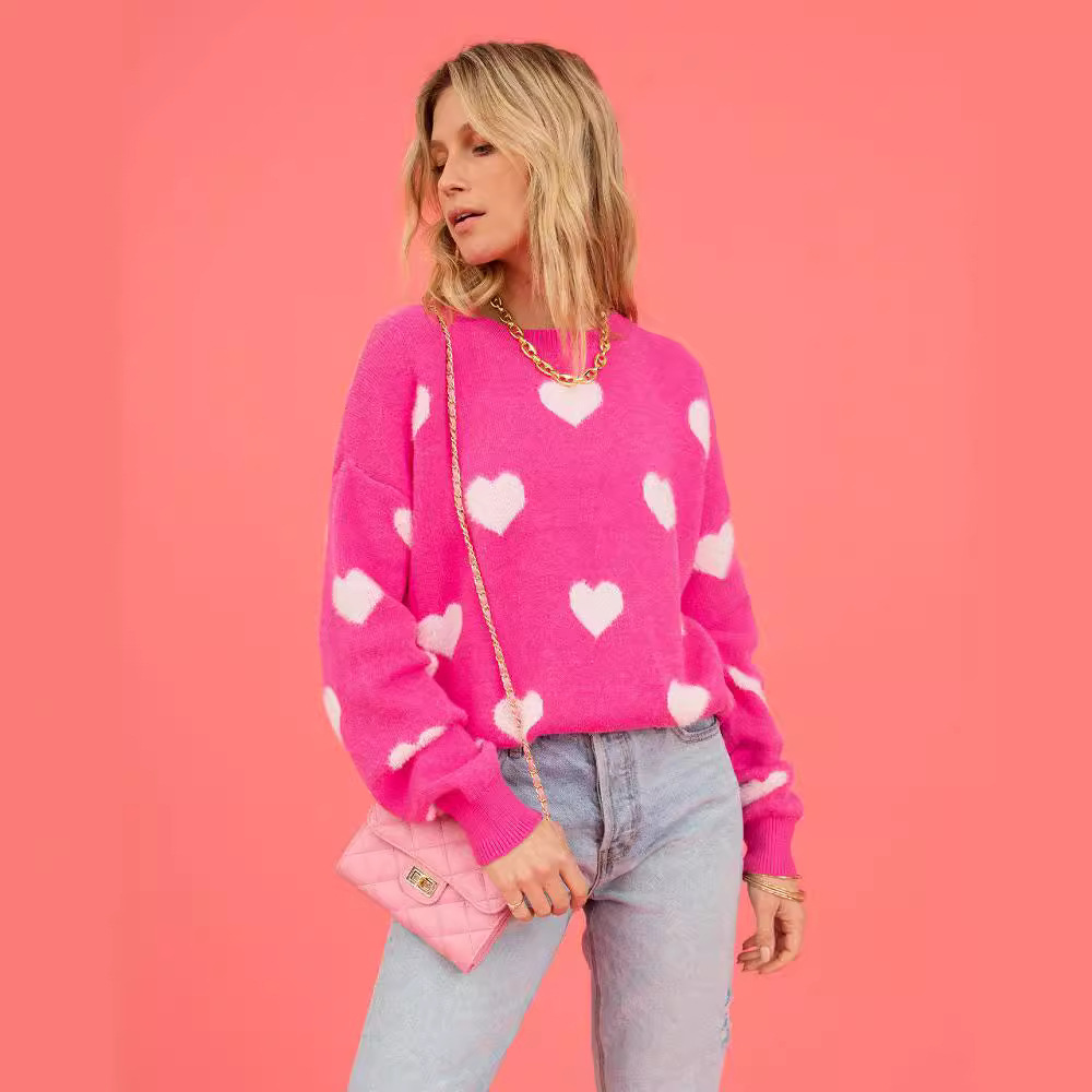 Suéter de Mujer Estilo Europeo y Americano, Primavera 2023, Cuello Redondo, con Corazón, para el Día de San Valentín, Talla Grande