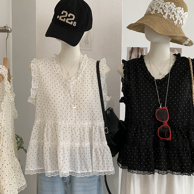 Kekezoon V-Neck Lace Patchwork Polka Dot Ruffle Chiffon Blouse for Women, Summer Design Sleeveless Top 7895
