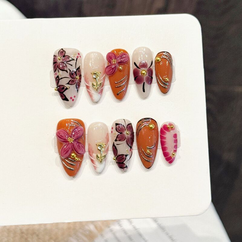 Yihe Original [Orange Pink Flower] Orange Pink Contrast Color Handmade Wearable Nail Gold Decoration Embellishment Whitening Nail Art Pieces