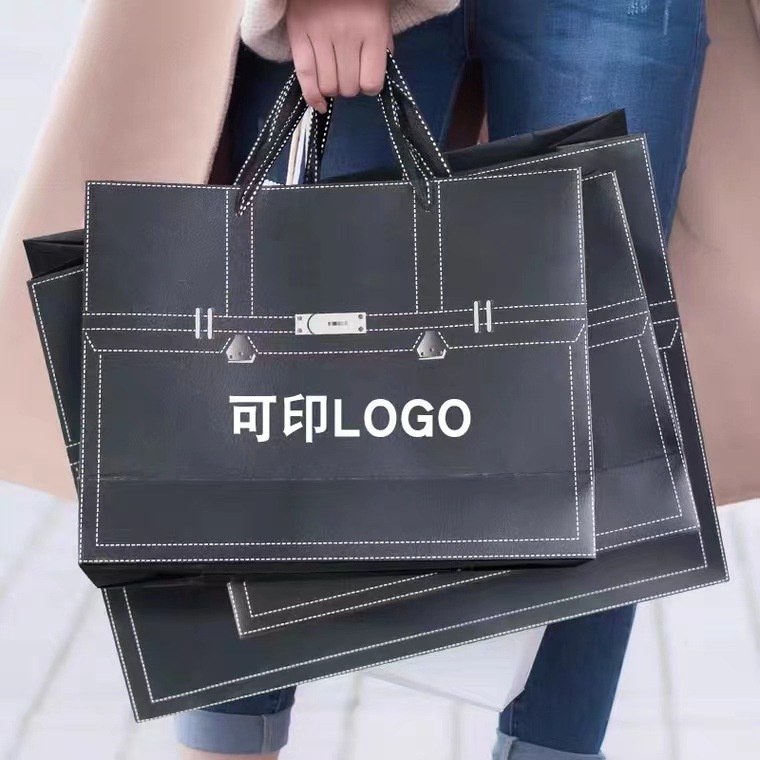 现货礼品袋时尚大牌黑色线条纸袋购物袋大小号服装店男装衣服袋子