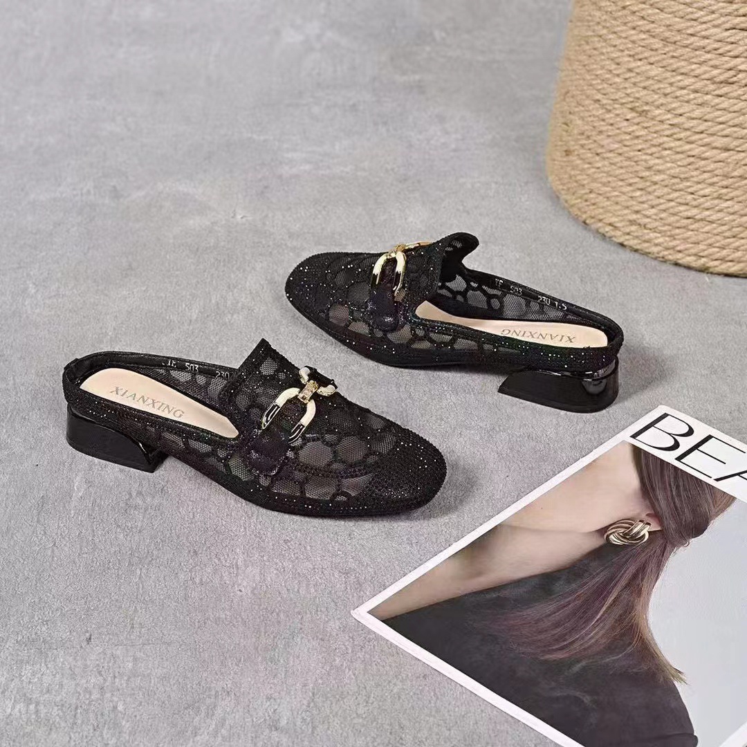 Dép sandal nữ quai ngang lưới mũi vuông gót thấp kiểu Anh thoáng khí — đen chi tiết 6