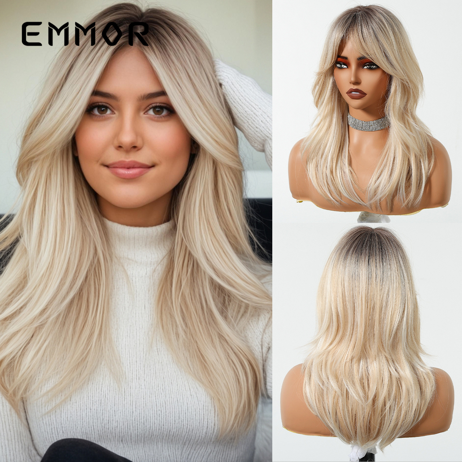Excepcionando pelucas europeas y americanas marrones, cabello completo, flequillo de ocho caracteres, cabello largo y rizado, moda natural, cabello completo, cubierta de cabello wigs