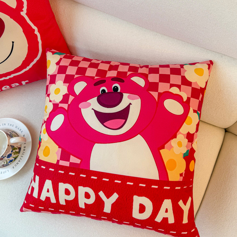 Funda de almohada de oso de fresa de dibujos animados, almohada de viento ins, almohada linda, dormitorio de estudiantes, almohada de sofá, cojín, funda de almohada