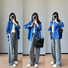 洋気クライン青 ~ 品質水洗い亜麻シャツ博主風怠惰長袖シャツ2025春G030907