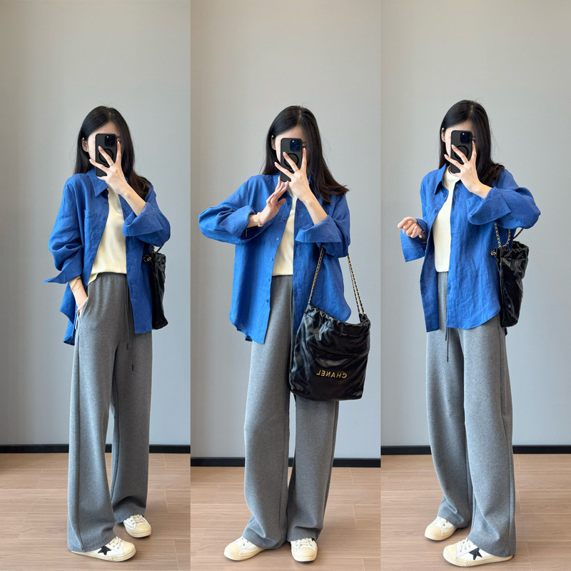 Foreign Style Klein Blue ~ Quality Washed Linen Shirt Blogger Style Lazy Long Sleeve Shirt 2025 Spring G030907