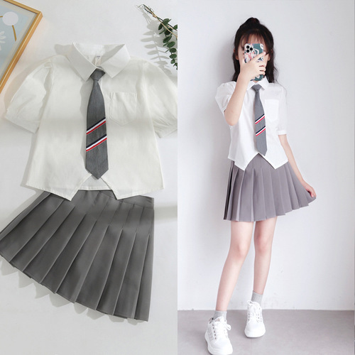 JK uniform shirt top for girls, short-sleeve original summer college style bubble sleeve white blouse with pleated skirt set
