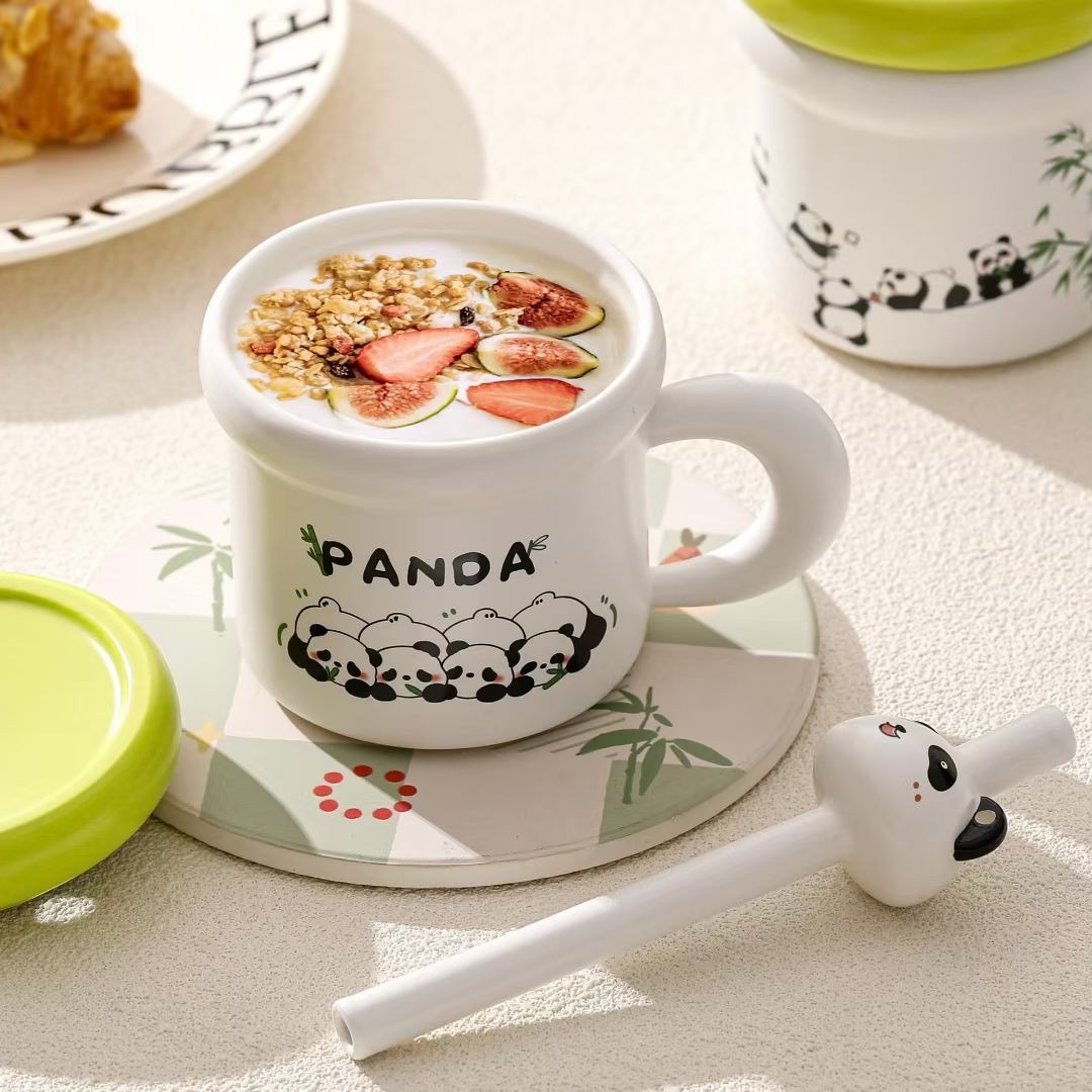 Creativo dibujos animados panda de paja de cerámica taza de agua regalo de mano taza de café encantadora taza de oficina de alto valor facial taza