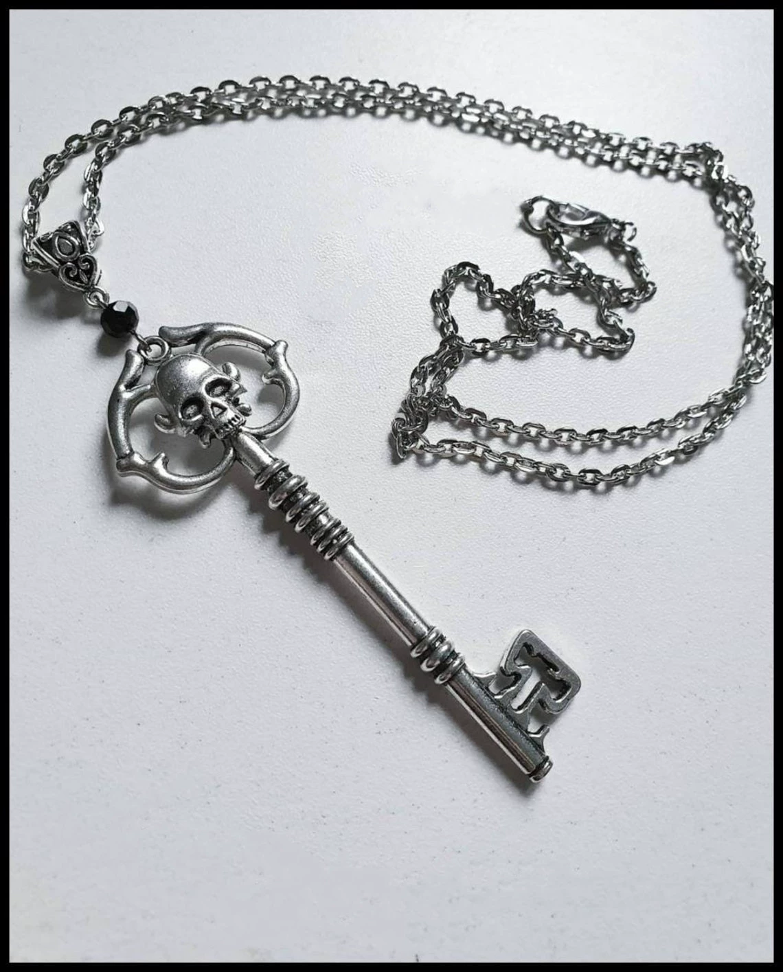 Key pendant necklace, antique silver with crystal accent, gothic style, alloy, 8.8×6.8×1 cm