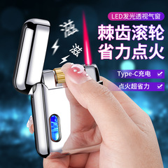 New Type-C rechargeable inflatable windproof roller ignition straight red flame lighter LED lighter with light across