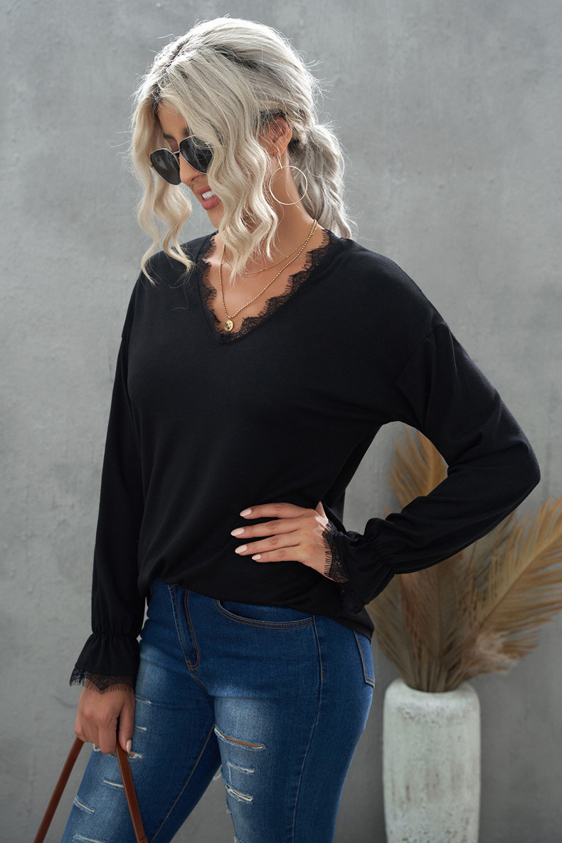 solid color lace V-neck long-sleeved T-shirt nihaostyles wholesale clothing NSQSY87473