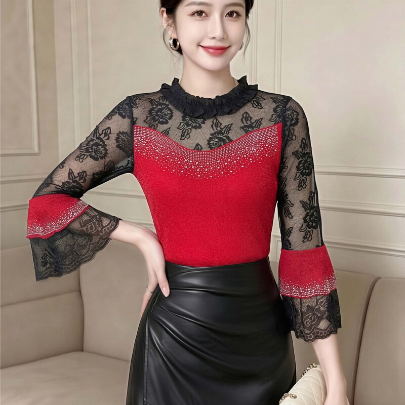 Elegant cross-border style ruffle sleeve round neck lace patchwork top for women, fashionable shiny mesh with rhinestones, elegant waist-cinching t-shirt