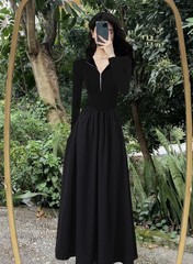 高級感黒修身長袖ワンピースニットスカート
