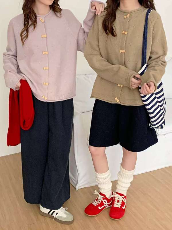 韩系复古温柔牛角扣针织开衫秋冬宽松软糯休闲长袖上衣毛衣外套女|undefined