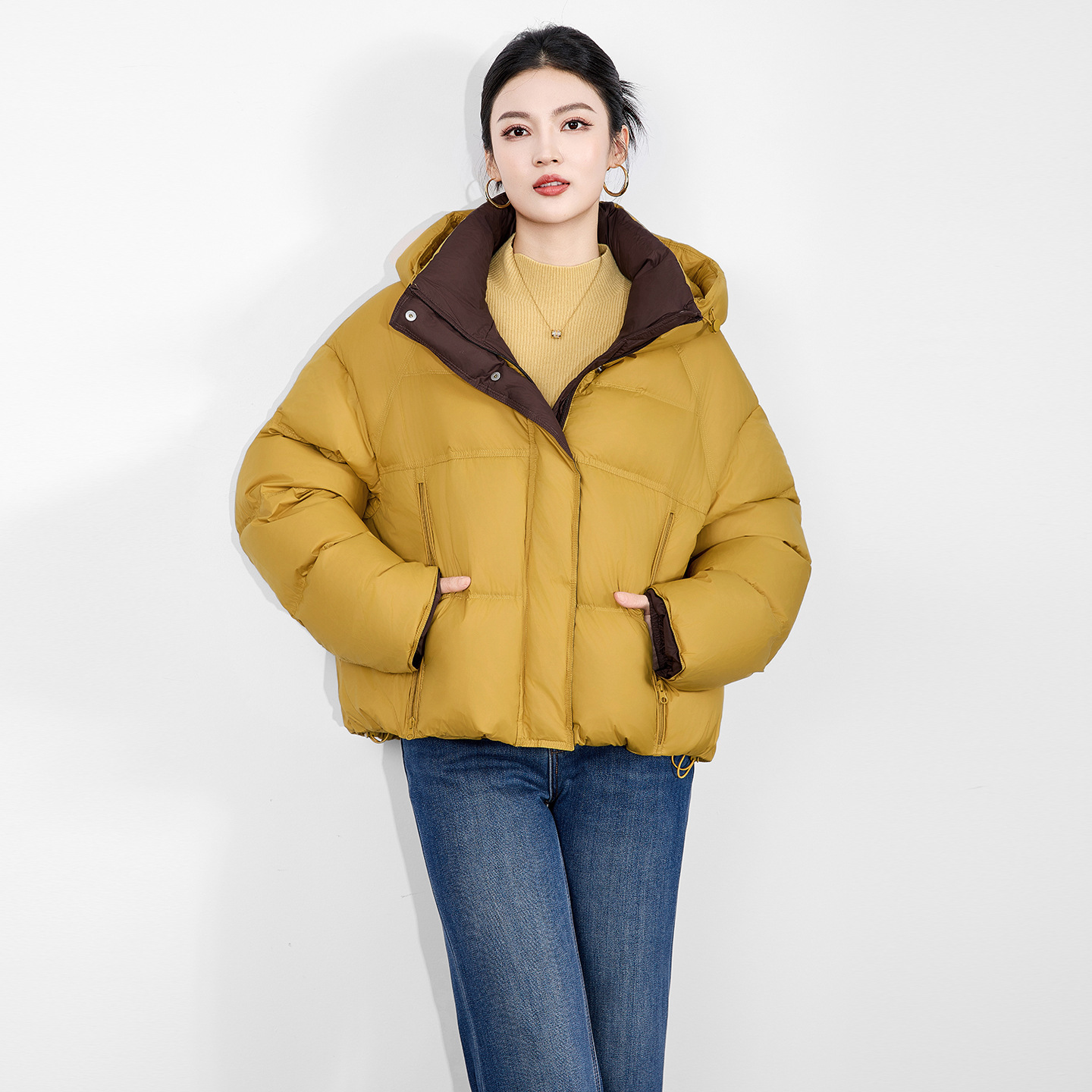 2515601-90 화이트 덕 다운 더블 지퍼 디자인 짧은 빵 코트 후드 자켓 여성 겨울 루즈 다운 자켓