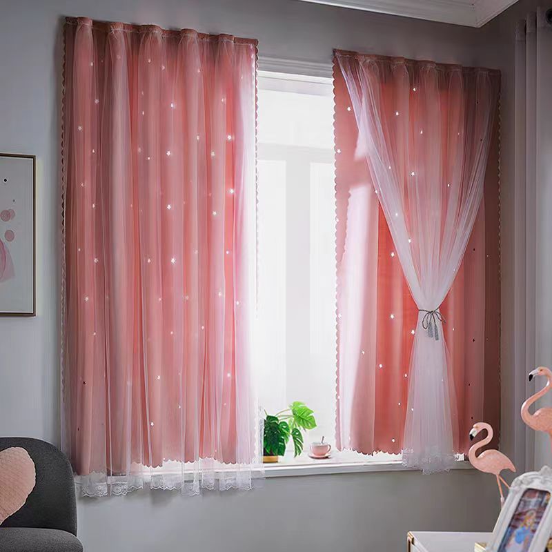 Moderno minimalista estrella doble sombra de tela de encaje cortina de dormitorio balcón hueco estrella cortina terminada