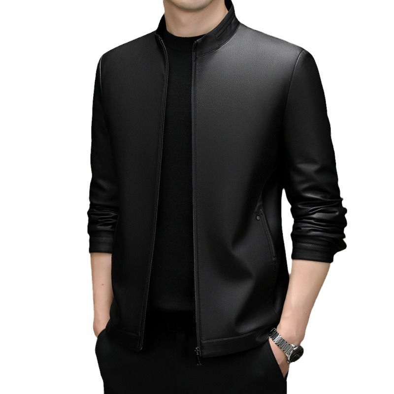 Monochrome Man- 2024 Early Spring New Haining American Fashion Stand Collar Middle-Aged Men's Trendy Leather Jacket Coat_voghion.com