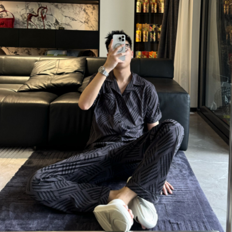 Summer Geometric Lines Cool and Simple Cardigan Short-Sleeved Long Pants Pajama Set Jj-96090