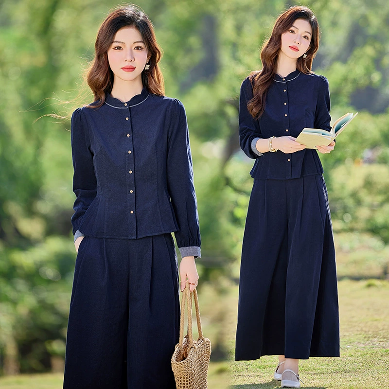 Оригинальный фирменный флагманский магазин Xiao Xiangfeng темперамент тонкий лепестковый воротник топ вельвет широкие брюки из двух частей