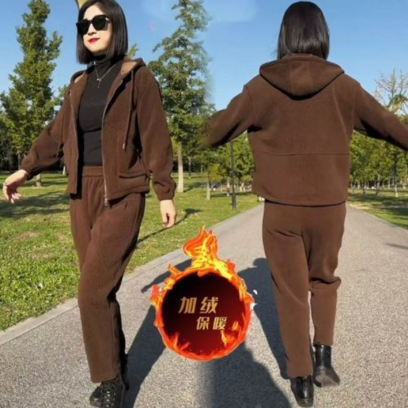 秋冬新款妈妈装保暖加绒套装中老年哈伦洋气连帽宽松休闲时尚运动|undefined