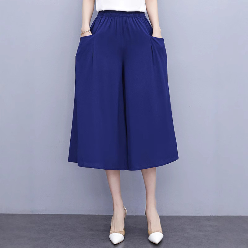 Summer Middle-Aged and Elderly Cotton Silk Cropped Pants Large Size Elastic Waist Mom Wear Casual Outer Wear Loose Wide Leg Pants for Women